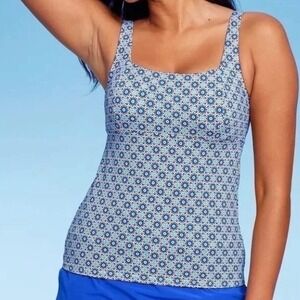 Lands End Blue Floral Tankini Swim Top Size 10 Square Neck Adjustable Straps NWT